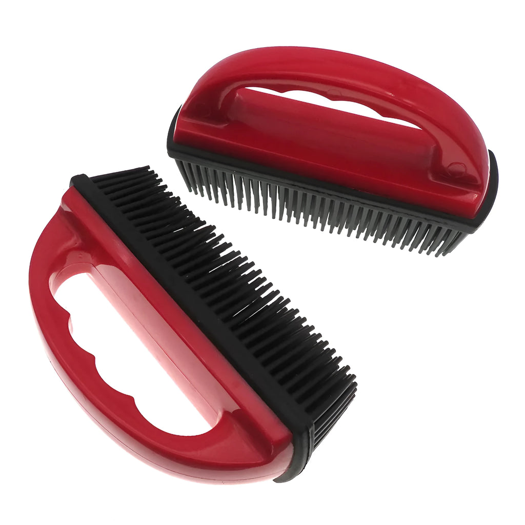 Red handheld pet hair removal brush for grooming and carpet cleaning, shown at 160mm by 85mm.
