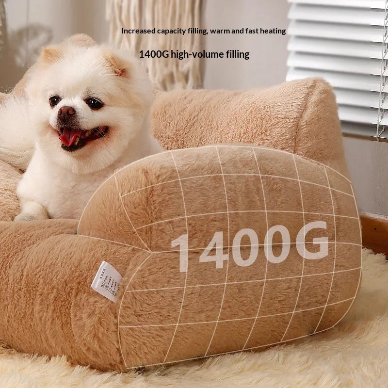 Warm removable washable pet bed in Mousse Coffee, Sunset Orange, Gentleman Gray, Moonlight Beige, Ultra-Soft, and Pink, sizes M to XXL