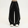 Black striped wide-leg hip hop sports trousers with mid waist fit