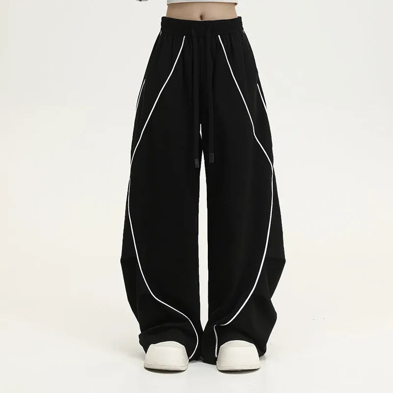 Black striped wide-leg hip hop sports trousers with mid waist fit