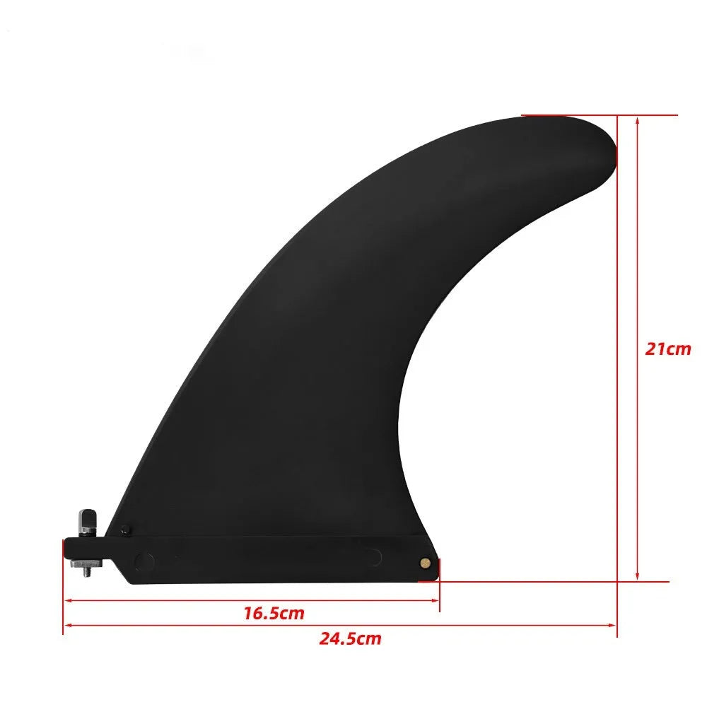 SUP paddle with a removable fish fin attached via a screw mechanism.