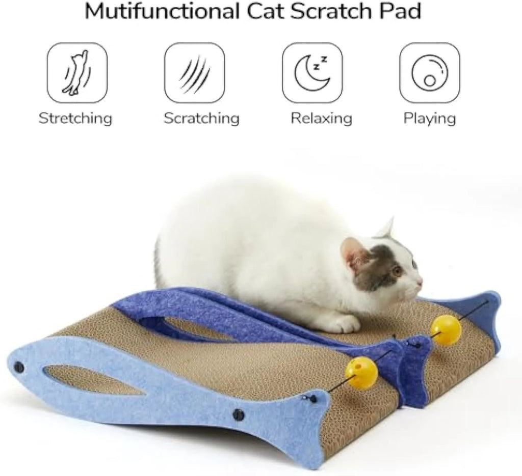 Blue fish-shaped cardboard cat scratcher with a wavy lounge surface and a red bell toy on a string.