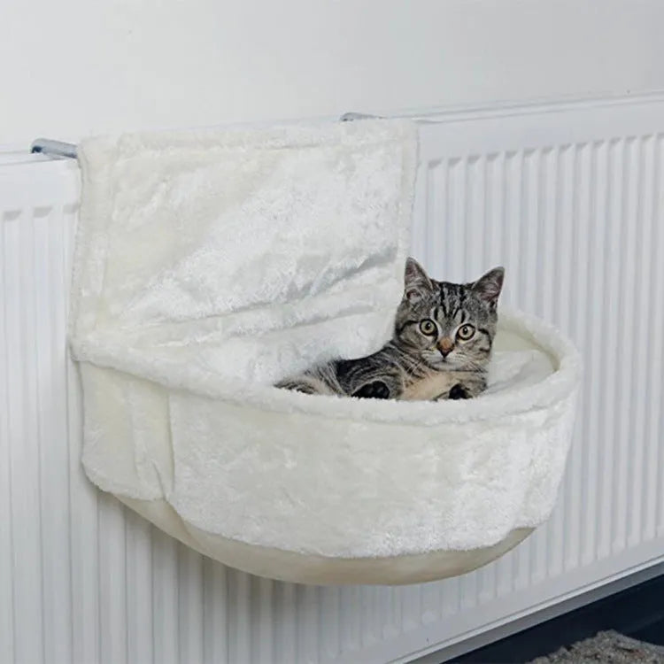 Grey iron frame cat hammock with soft fleece fabric, mounted inside a metal pet cage.