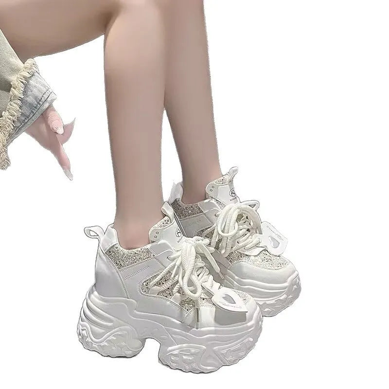 White thick-soled height-increasing sneakers with synthetic leather upper, sequin trim, and rubber sole for daily wear