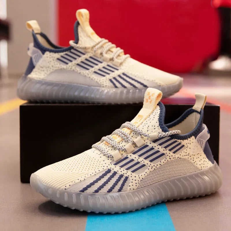 Men's white breathable flying fabric sports shoes with low-top platform design and round toe.