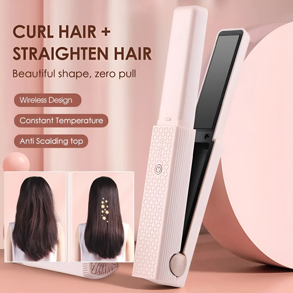 Pink and green cordless USB hair straightener and curling iron with ceramic plates.