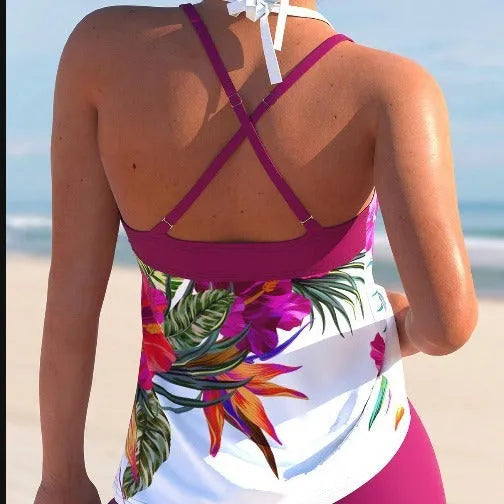 Large floral pattern women's swimsuit in purple-red colour with chest padding, two-piece design