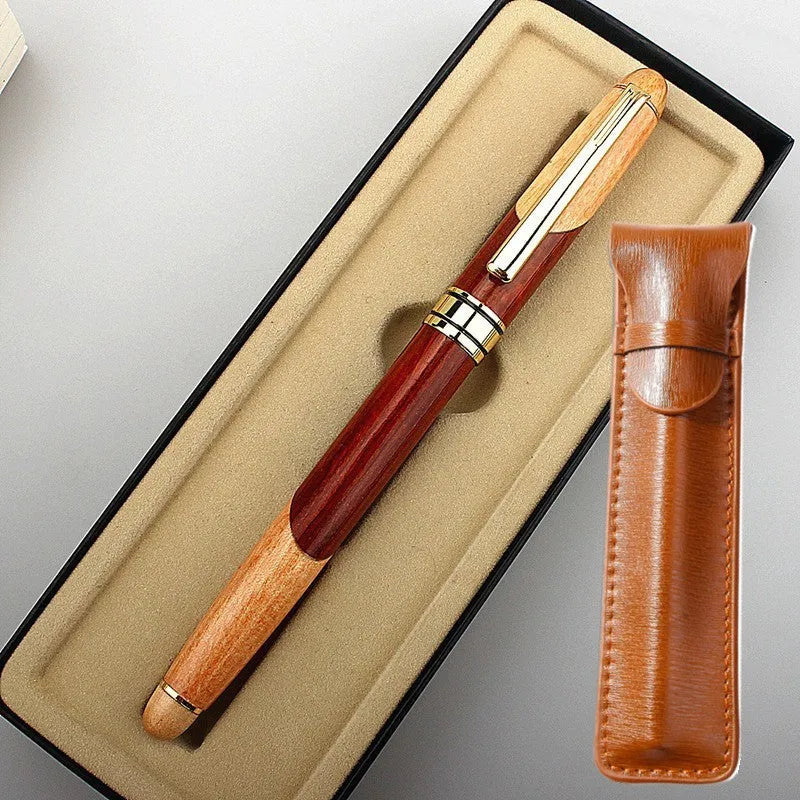 Wooden ballpoint pen with metal details shown alongside its grey fabric carrying bag.