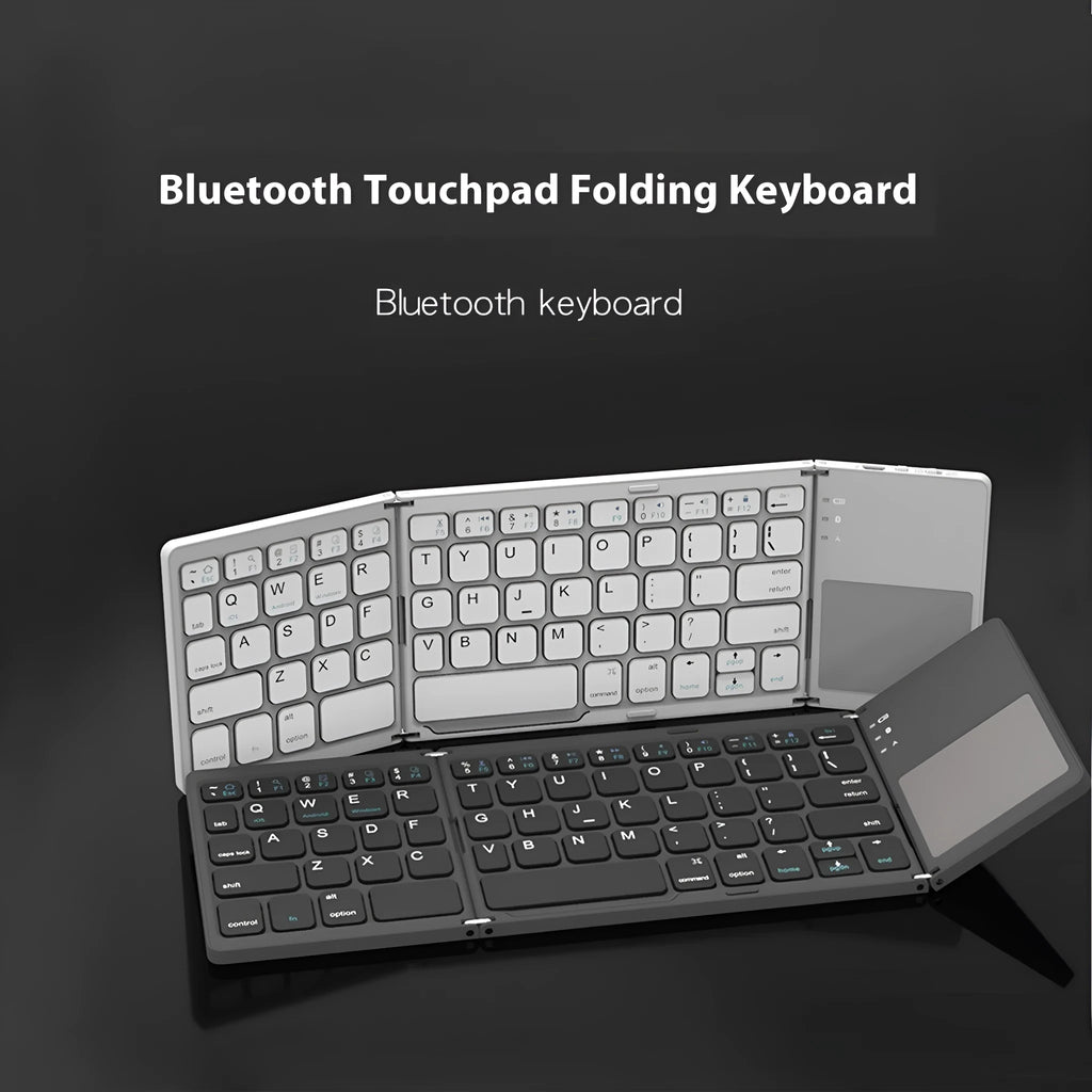 Black tri-fold Bluetooth keyboard showing folded and unfolded positions with thin 0.8cm profile