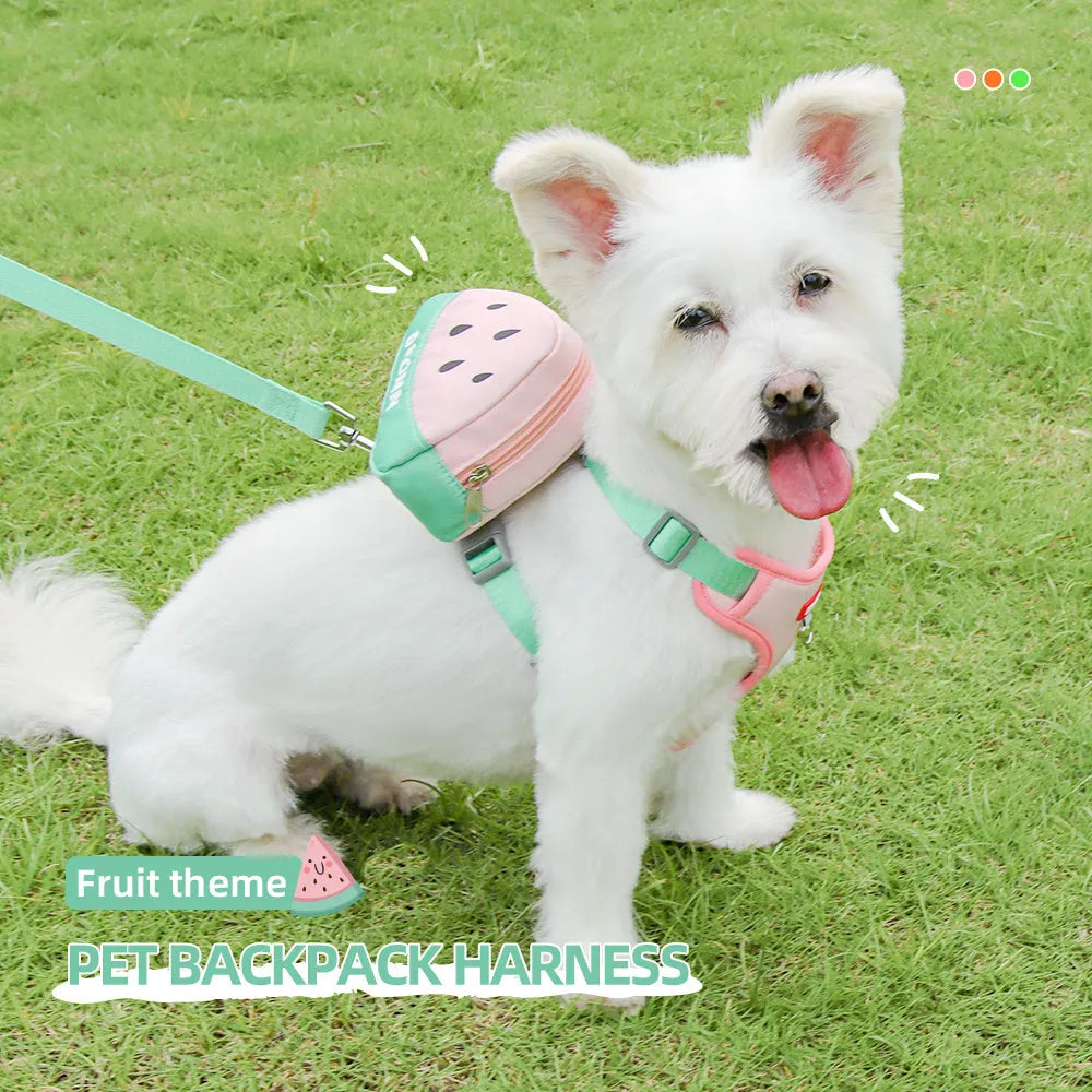 Green pet backpack and chest strap set with anti-slip padding and traction rope for dogs or cats