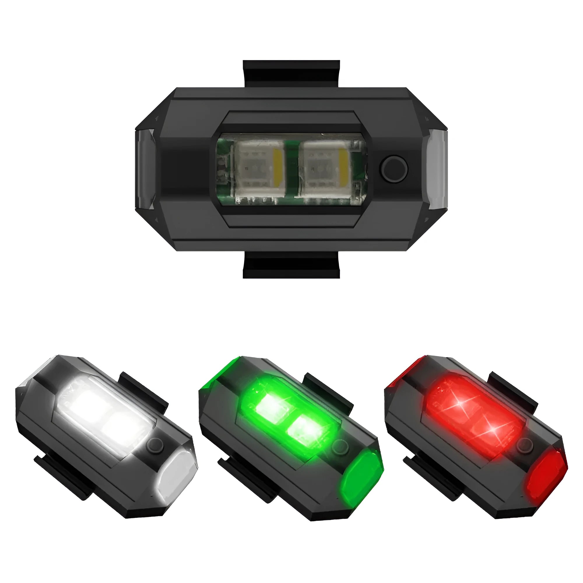 Drone strobe signal light showing 7 colour LED modes with mounting tapes and Type-C cable