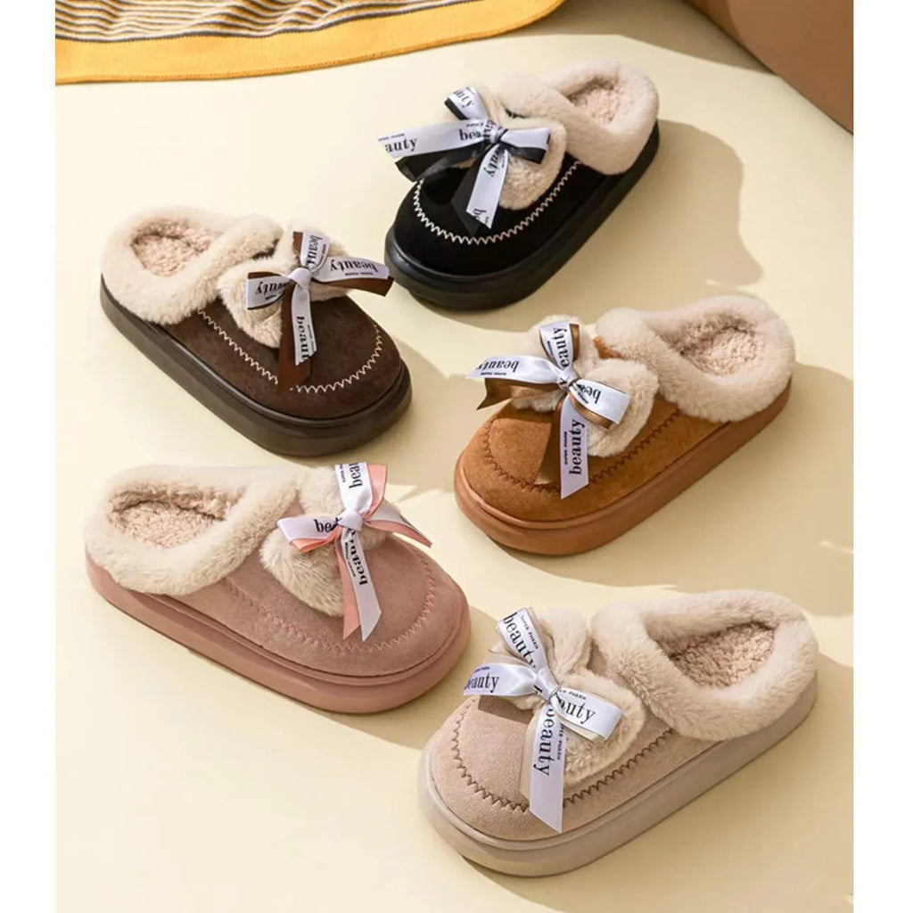 Women's beige suede half slippers with ribbon bow decoration and thick cotton sole