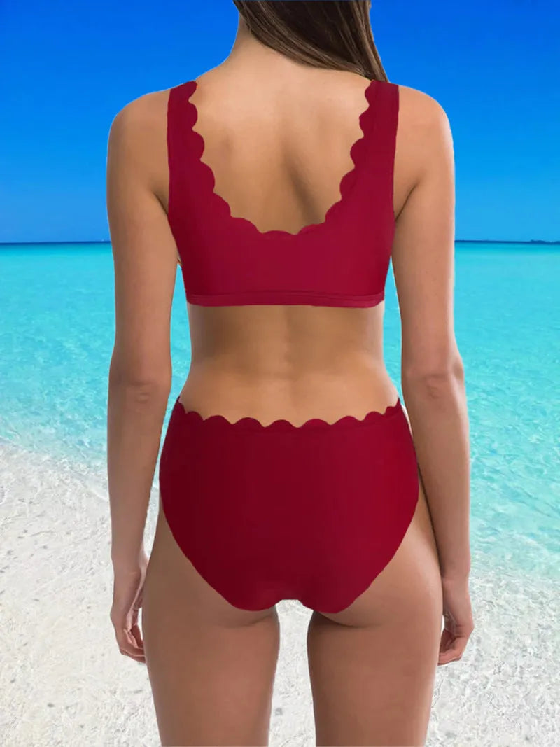 Women's solid colour split swimsuit with high waist design in red, black or blue