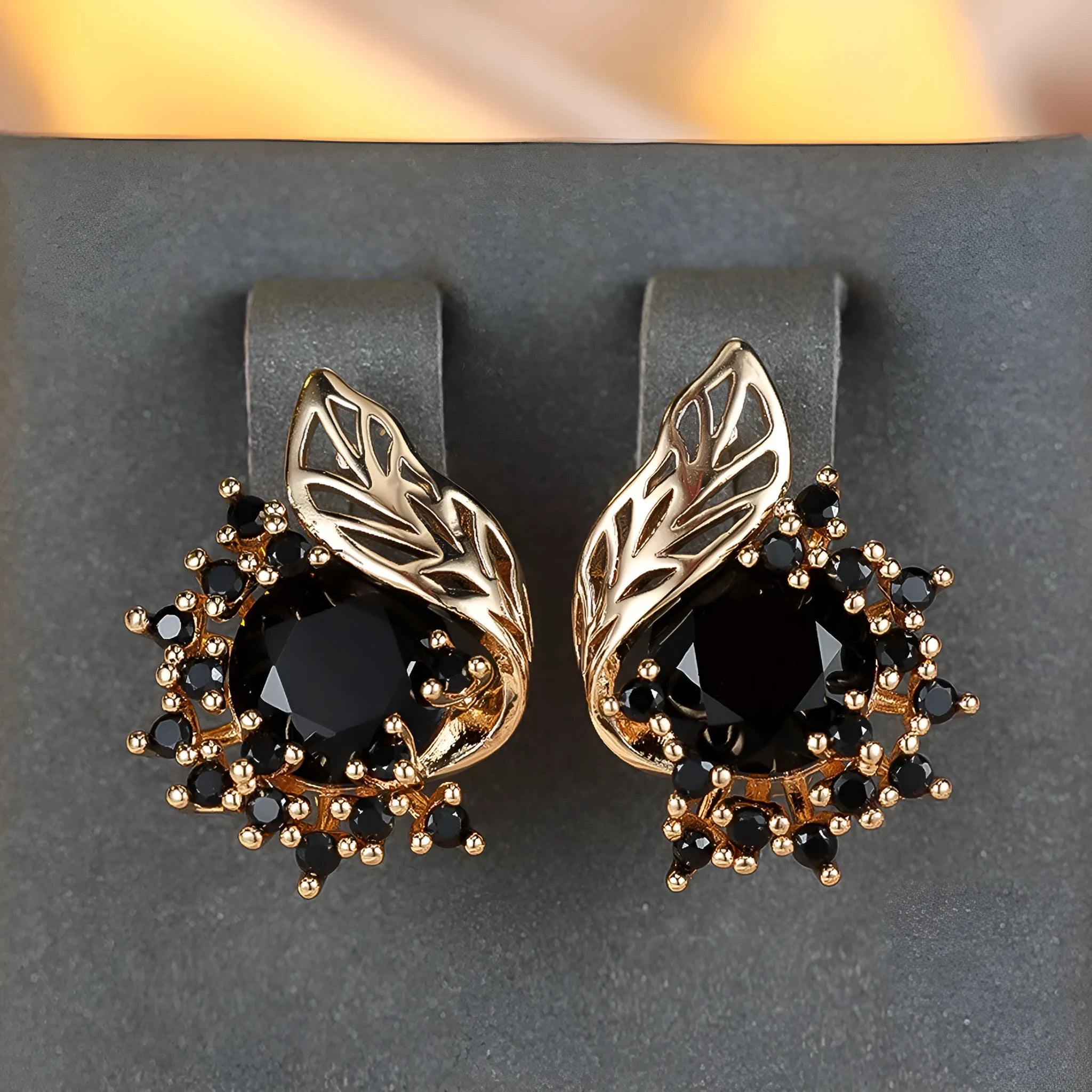 Round flowers feather zircon earrings with champagne gold electroplating and multiple diamond colour options