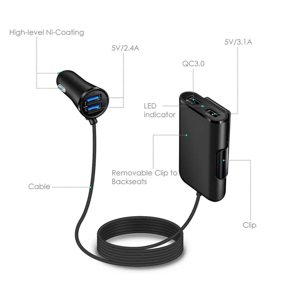 Fast charge car charger in black with blue LED light and white LED on extender