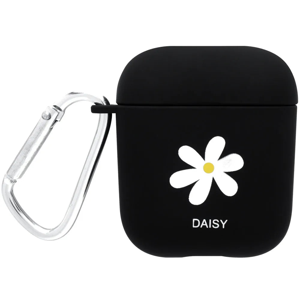 Black and pink polycarbonate AirPods case covers with decorative flower and smiley face back designs.