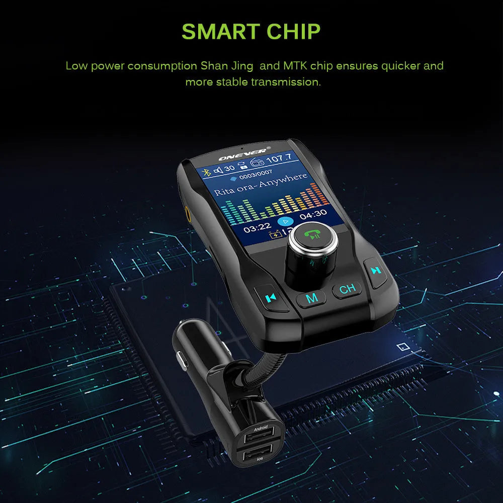 Black car Bluetooth FM transmitter with colour screen and dual USB ports plugged into a vehicle power socket.