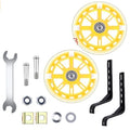 Children's bicycle training wheels kit with universal bracket, shown in assorted colours.