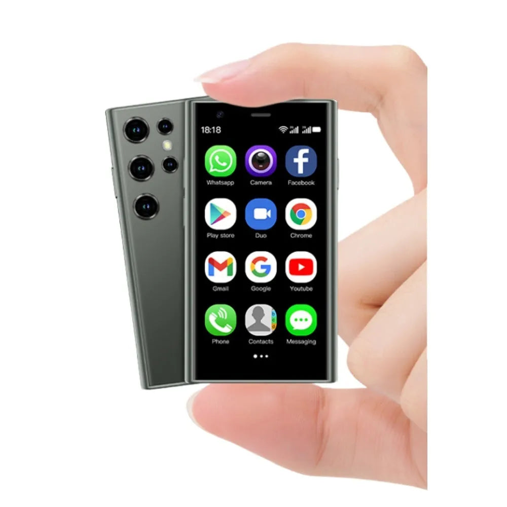 Mini smartphone with 30-inch screen in black, green, or pink purple colours showing Android interface