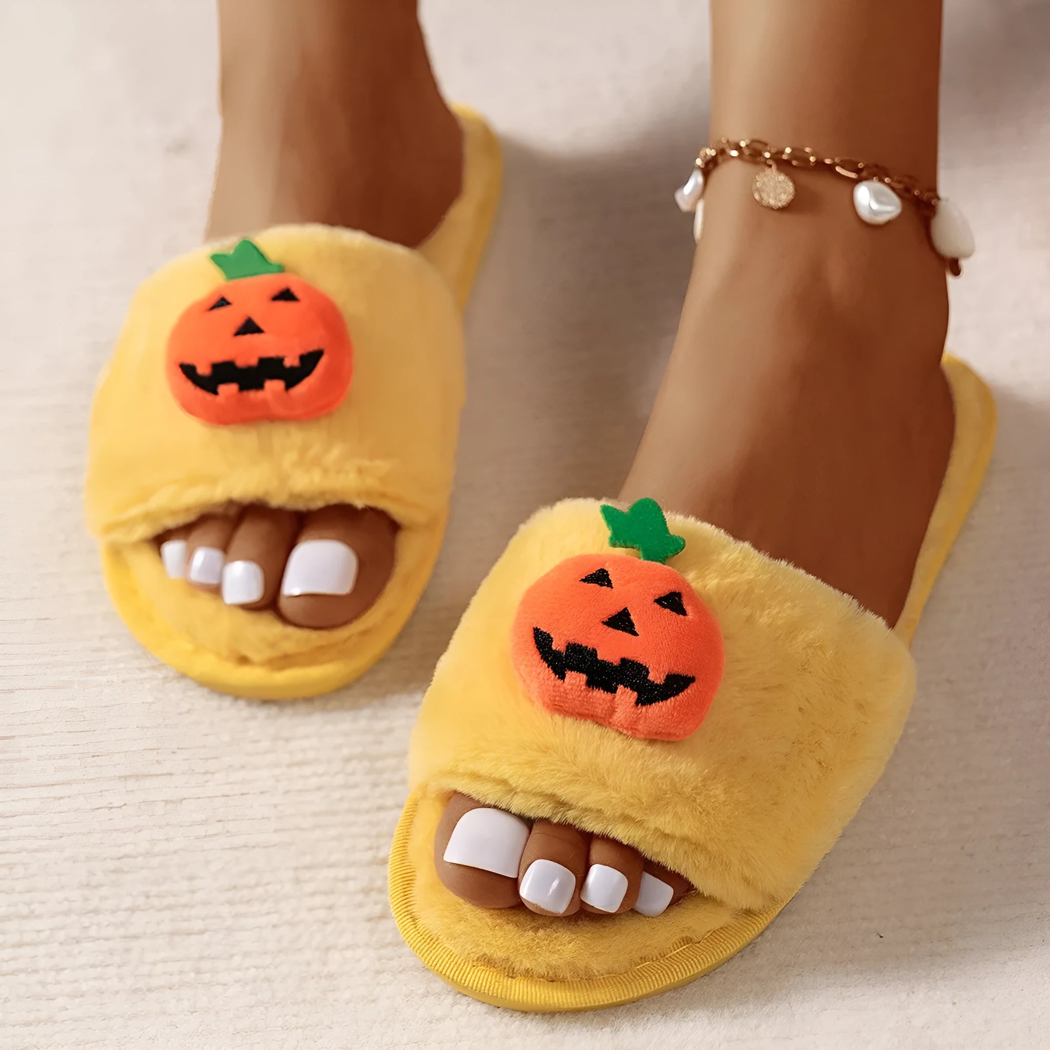 Yellow and white pumpkin cartoon plush open-toe slippers with anti-slip soles