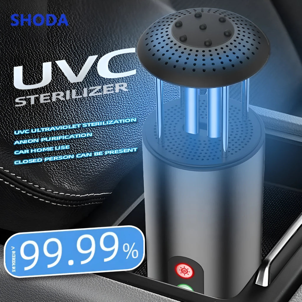 Portable mini car air purifier with True HEPA filter, USB powered, compact cup design in black