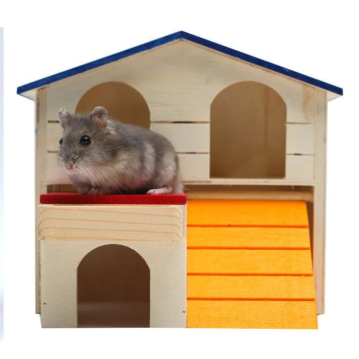 Blue rooftop wooden hamster chalet measuring 17cm wide for cage enrichment