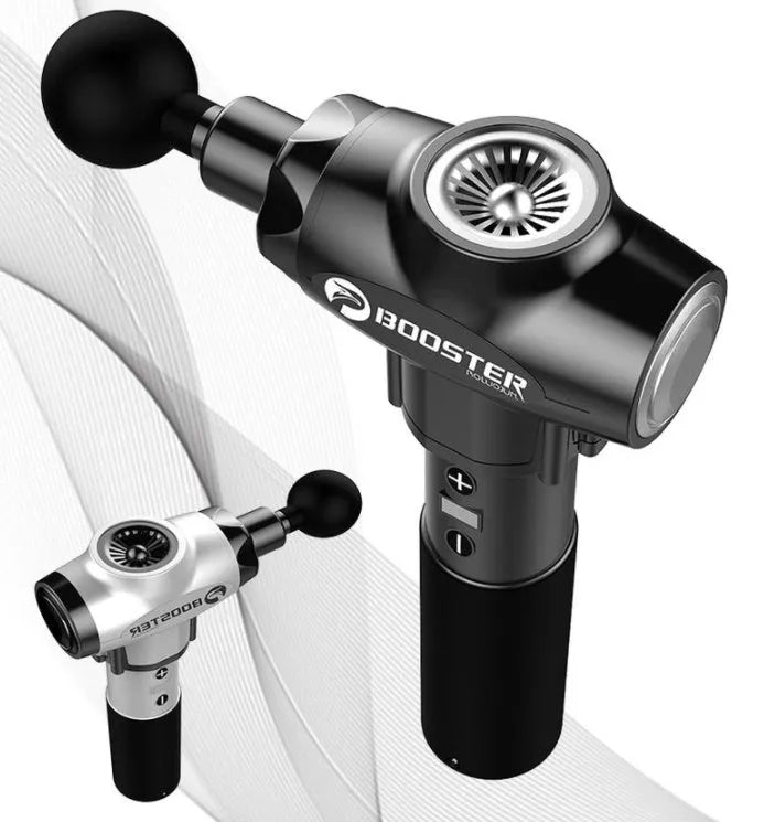 Black and white portable massage gun for deep tissue muscle relaxation