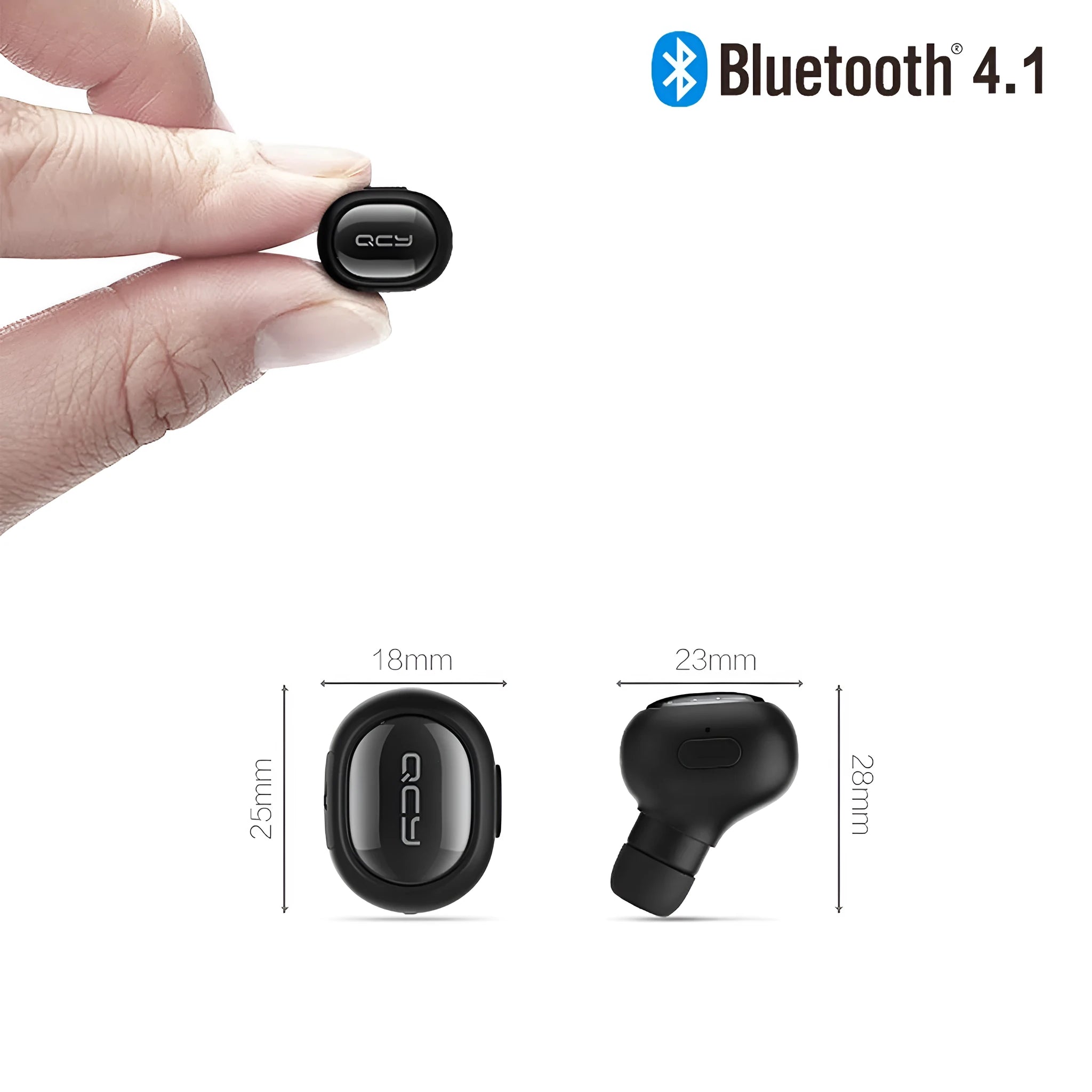 QCY Q26 Bluetooth headset in black, single-ear in-ear design with USB charging cable