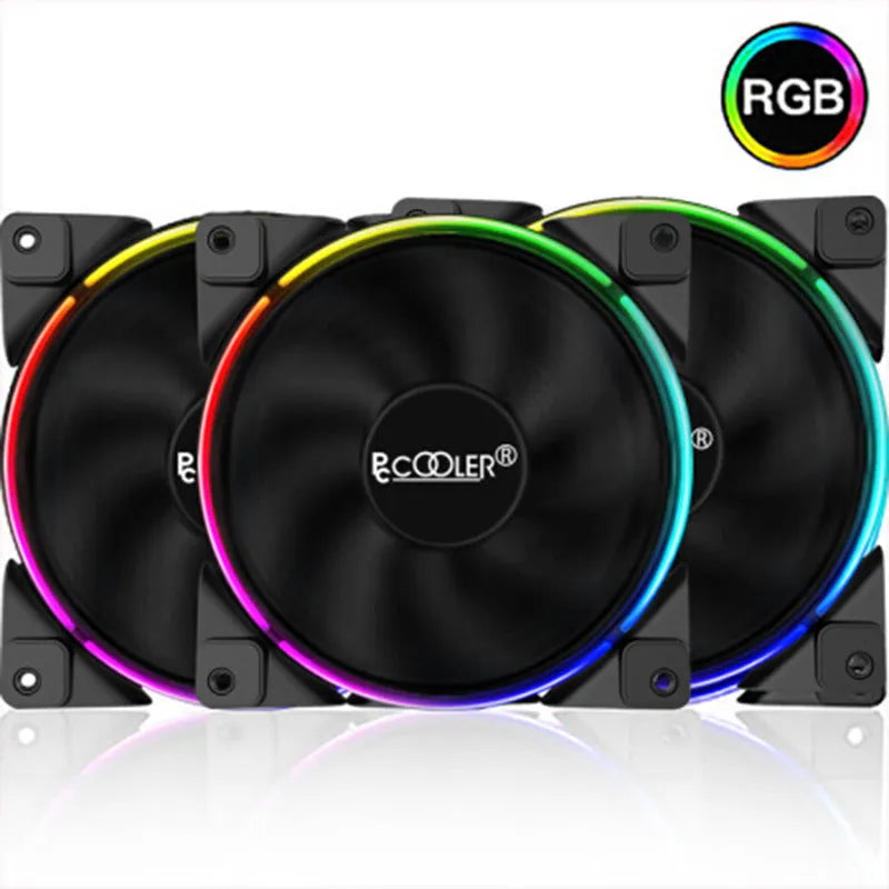 Three black 120mm RGB computer case fans with illuminated blades