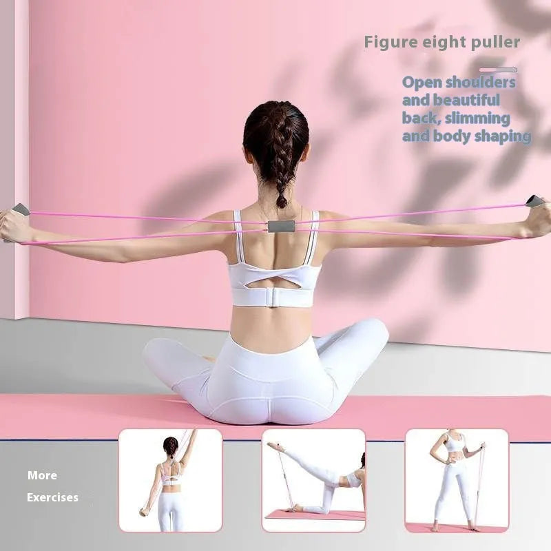 Yoga four piece fitness set showing leg stretcher, pedal resistance band, yoga ring, and figure-eight tension rope.
