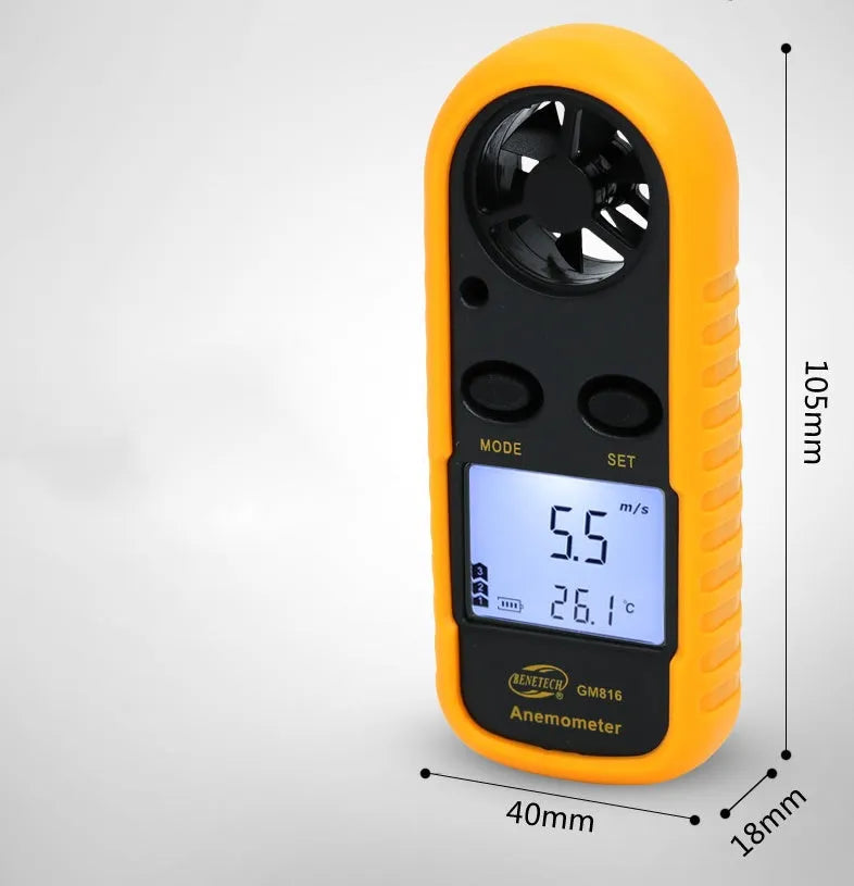 Biaozhi orange digital portable wind speed measuring instrument GM816 anemometer on hand.