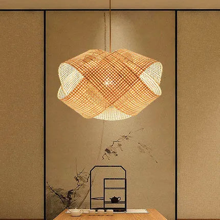 Bamboo woven rattan ceiling lamp with adjustable suspension in New Chinese style