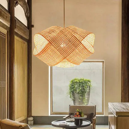 Bamboo woven rattan ceiling lamp with adjustable suspension in New Chinese style