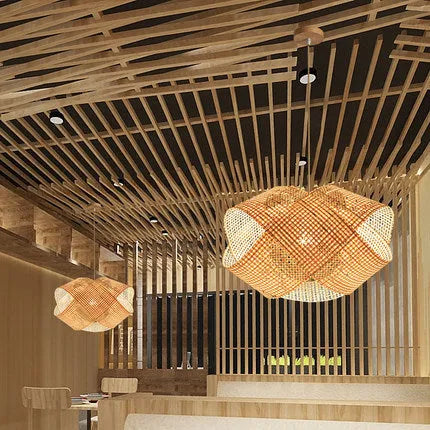 Bamboo woven rattan ceiling lamp with adjustable suspension in New Chinese style
