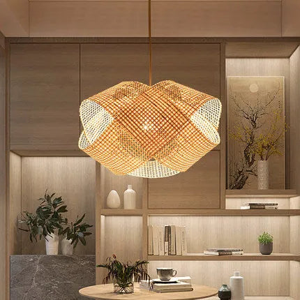 Bamboo woven rattan ceiling lamp with adjustable suspension in New Chinese style