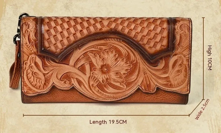 Retro brown embossed floral pattern tri-fold women's wallet made from genuine cowhide, shown open.