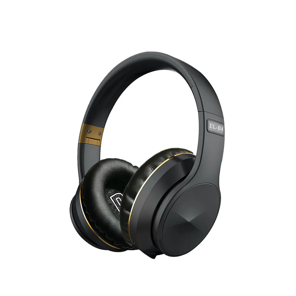 Folding sports headphones in black silver colour showing Bluetooth, FM radio and card mode functions