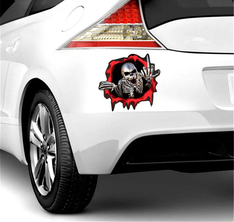 Colourful broken shell peeping metal skull design car bumper sticker measuring 15x14cm