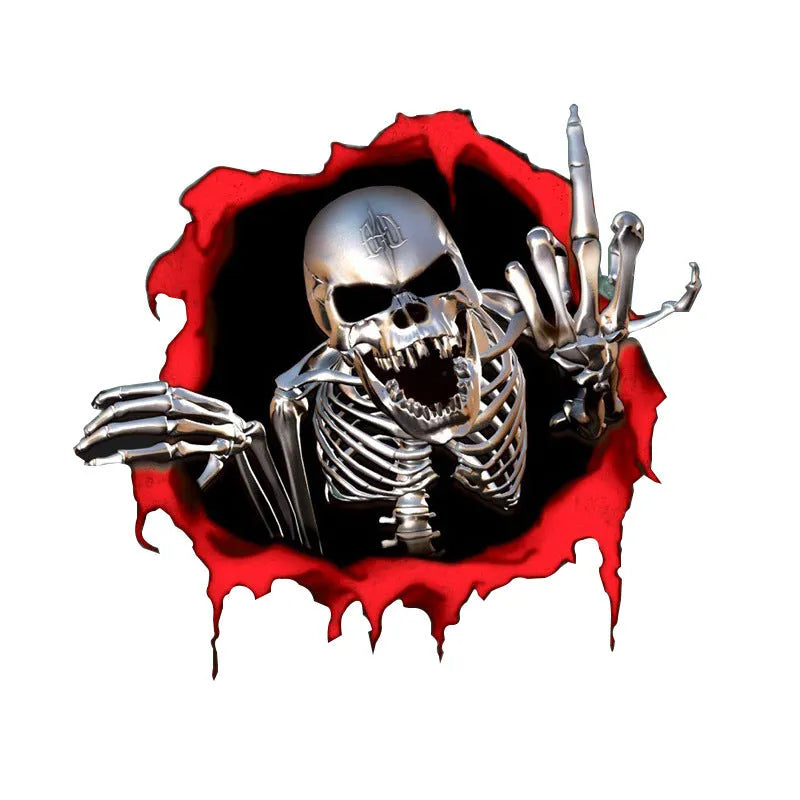 Colourful broken shell peeping metal skull design car bumper sticker measuring 15x14cm