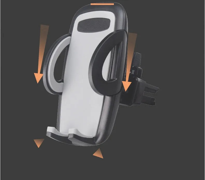 Black plastic car phone holder mounted on air conditioning vent holding smartphone