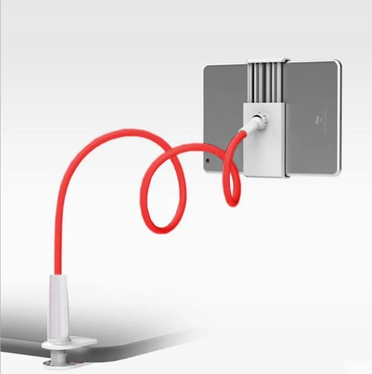 Bedside long-arm mobile phone holder in aluminium alloy and plastic on a table.