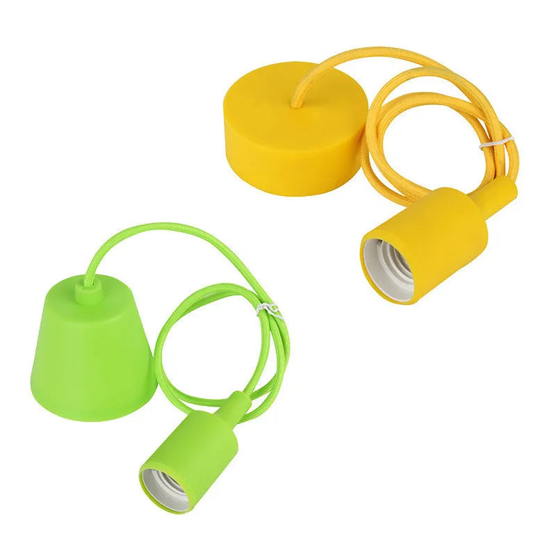 Silicone pendant light holder with black cord and E27 socket next to white and blue colour variants.