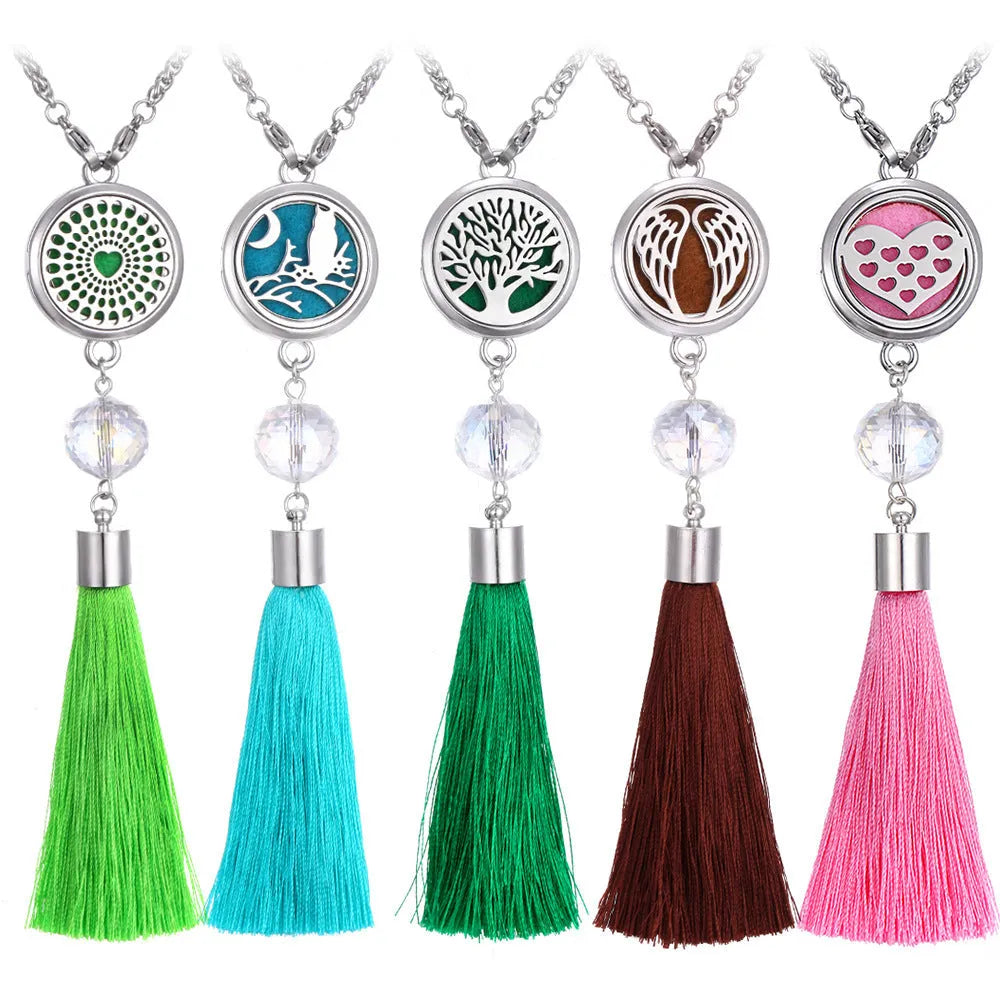 Alloy tassel car pendant fragrance diffuser necklace with multi-colour options on a 50cm chain.