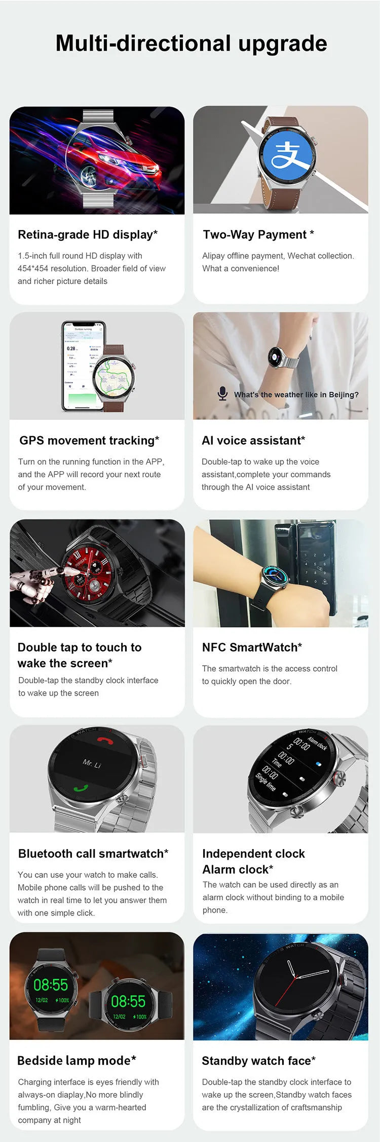 Black steel smart watch with TFT screen showing heart rate and time on wrist