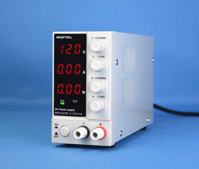 White S605W adjustable DC laboratory bench power supply unit with voltage and current dials.