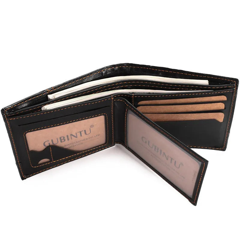 Men's short black PU leather wallet with multiple card slots, coin pocket, and photo holders on a flat surface