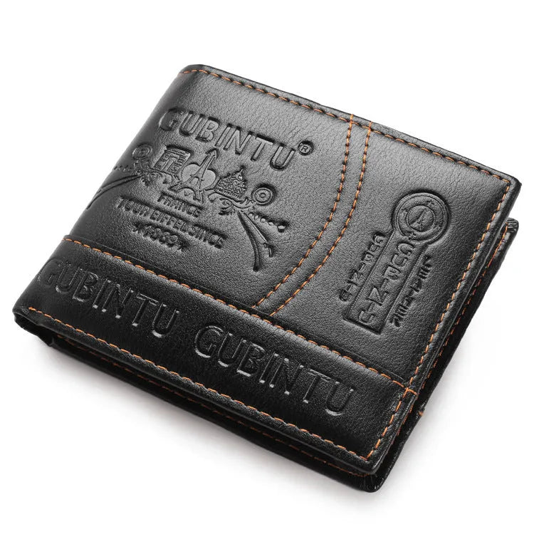 Men's short black PU leather wallet with multiple card slots, coin pocket, and photo holders on a flat surface