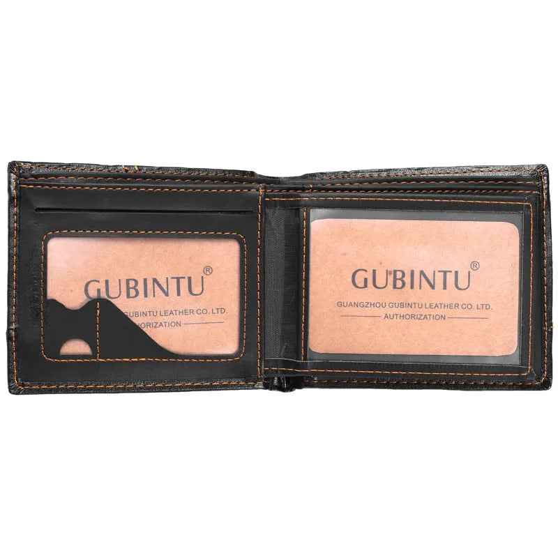 Men's short black PU leather wallet with multiple card slots, coin pocket, and photo holders on a flat surface