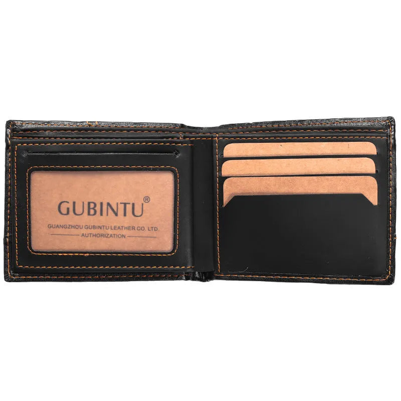 Men's short black PU leather wallet with multiple card slots, coin pocket, and photo holders on a flat surface