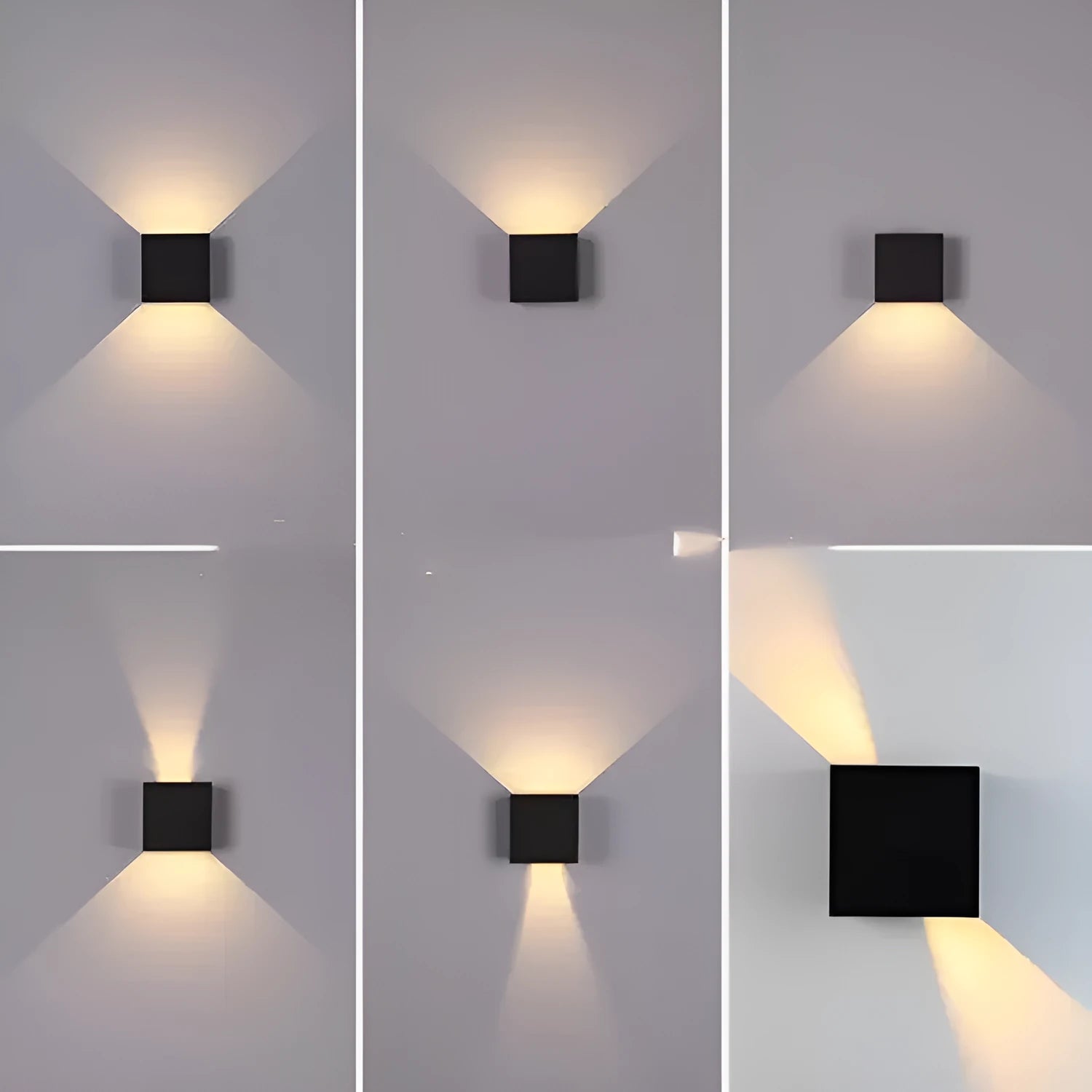 Aluminium cube wall lamp in black, grey, or white colours with 360-degree light distribution